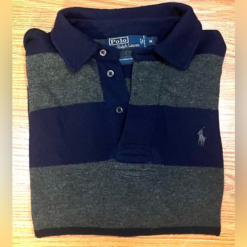 Polo Ralph Lauren Navy Blue/Charcoal Gray Striped Wool Rugby Shirt Sz M